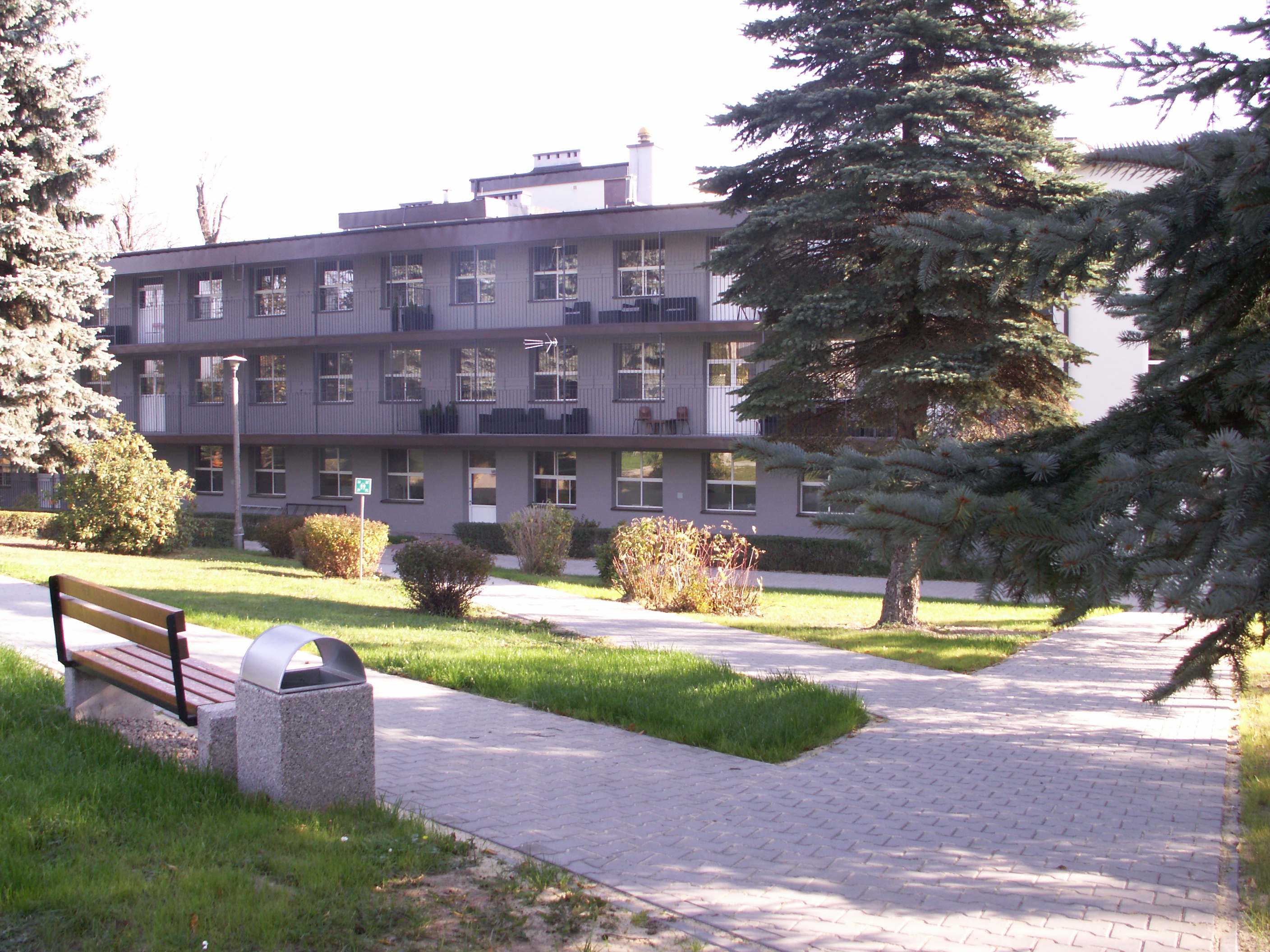 Zdjęcie z widocznym szpitalem na tle parku